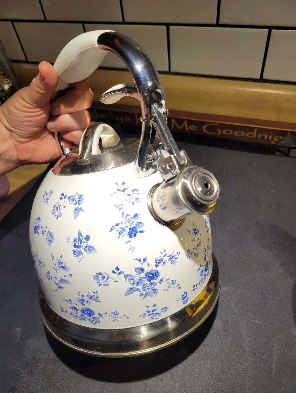 Laura Ashley China Rose Whistling Tea Kettle 10 Cup Stainless Steel Stovetop